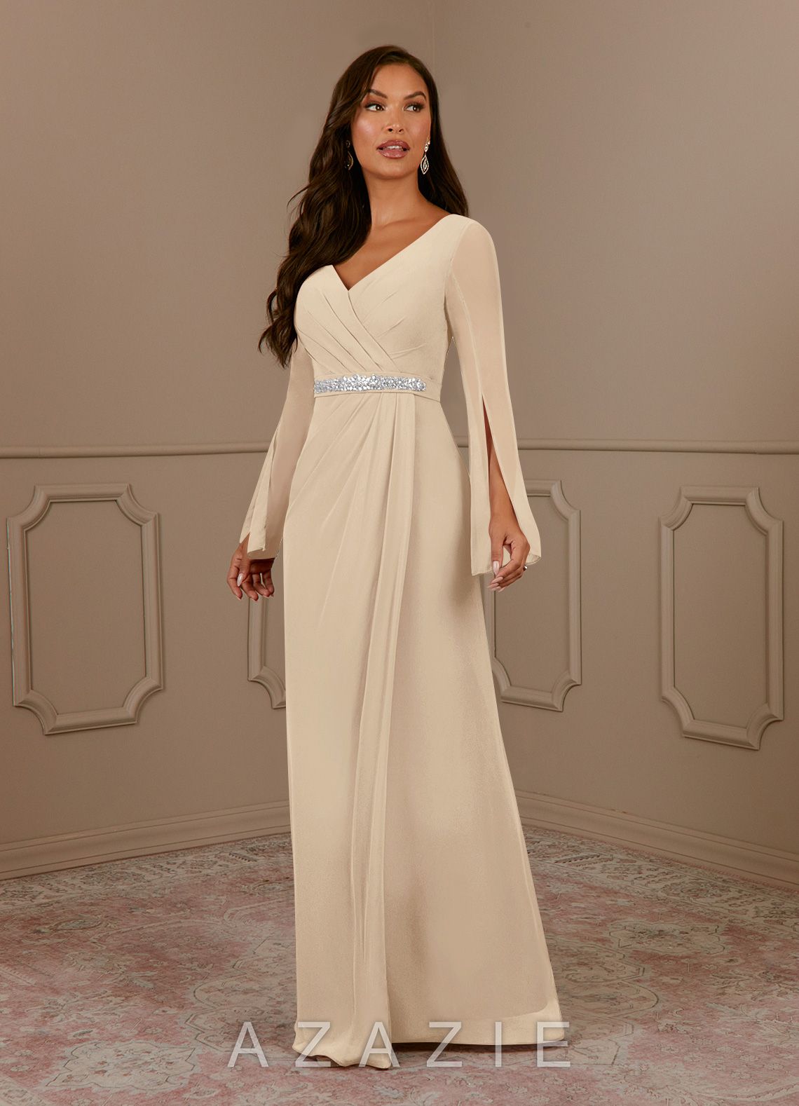 Azazie Belinda Champagne A-Line V-Neck Pleated Chiffon Dress