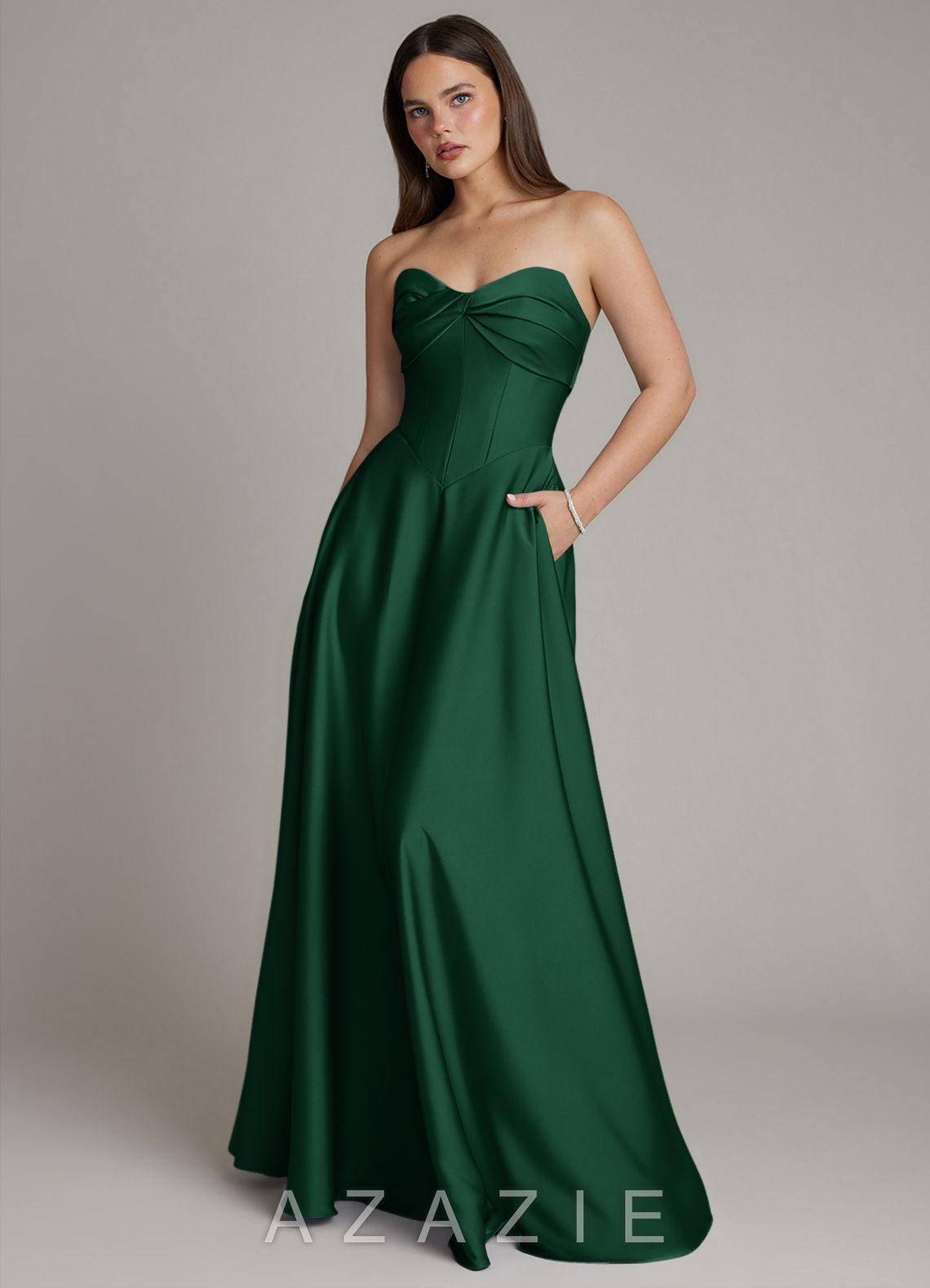 Azazie Meleena Dark Green A-Line Strapless Stretch Satin Dress