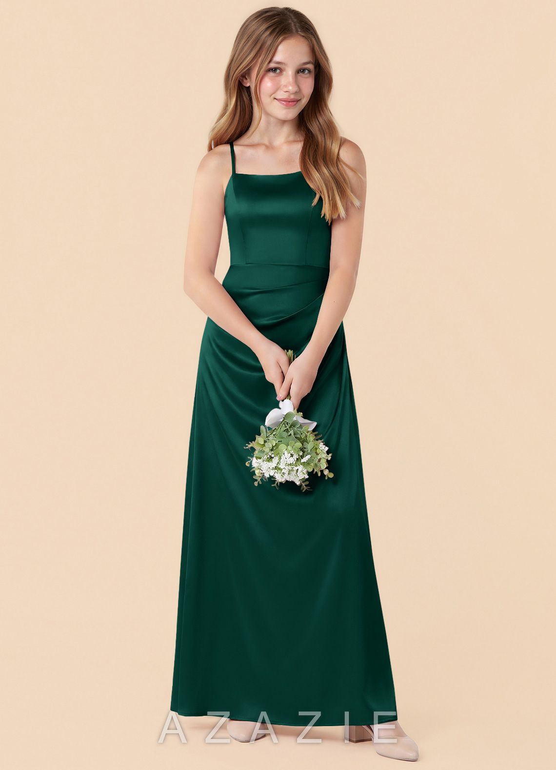 Azazie Renna Junior Emerald Mermaid Pleated Stretch Satin Dress emerald