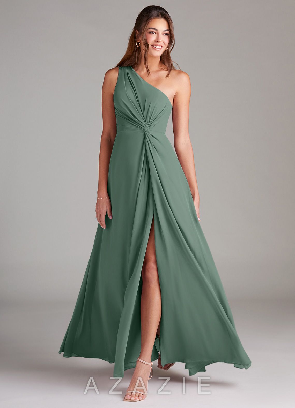 Azazie Brooke Eucalyptus A-Line One Shoulder Chiffon Dress eucalyptus