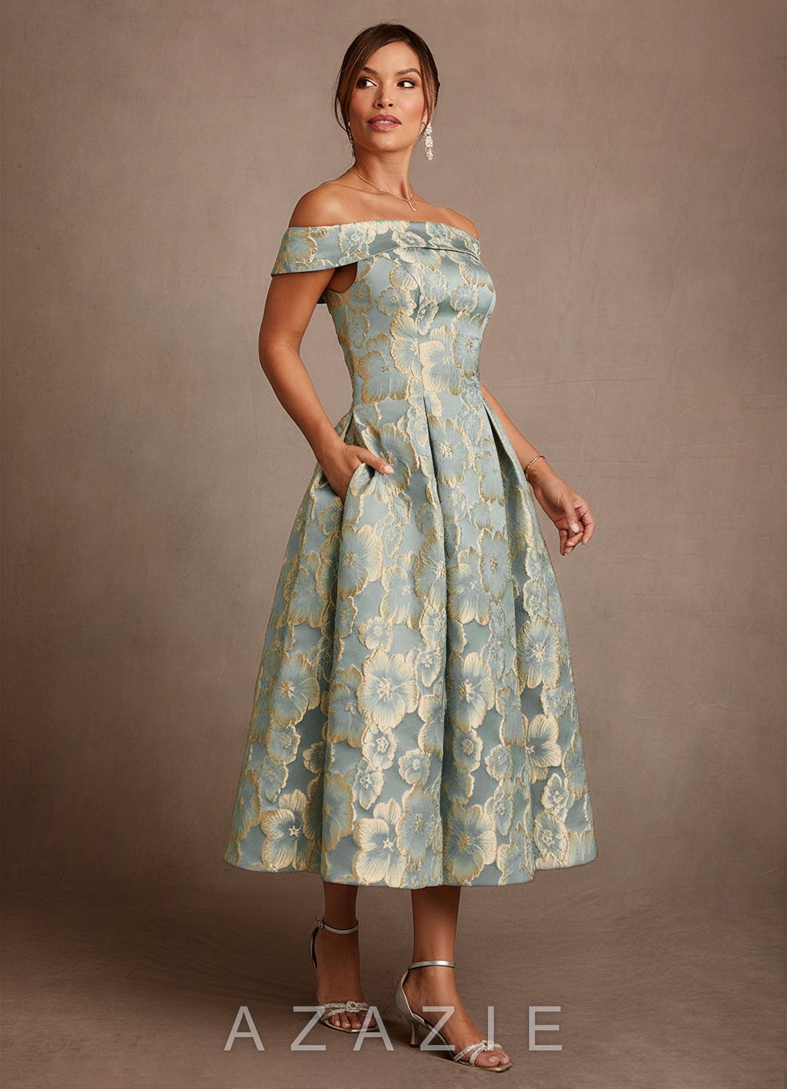 Azazie Centralia Aqua Blue Jacquard A-Line Off the Shoulder Floral Jacquard Dress aqua_blue_jacquard