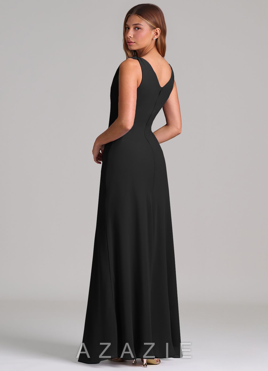 Azazie Nerine Black A-Line Pleated Chiffon Dress black