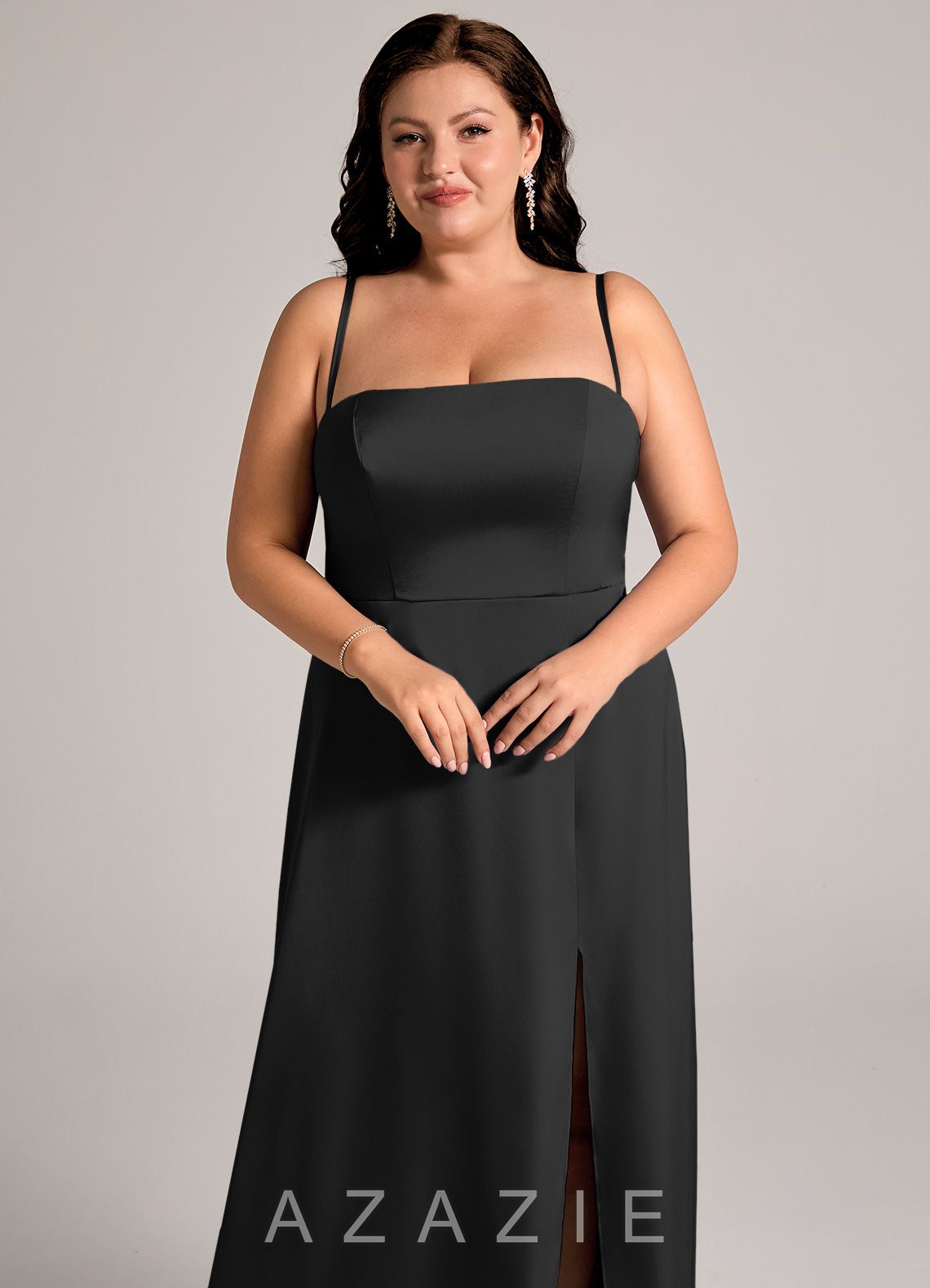 Azazie Wren Black A-Line Strapless Stretch Satin Convertible Dress black