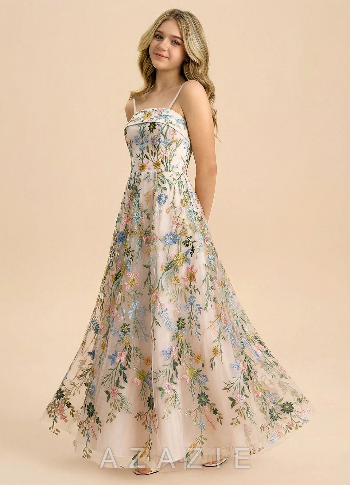 Azazie Evangeline Junior Formal Dress Blush Garden Floral A-Line Pleated 3D Floral Embroidered Lace Dress blush_garden_floral