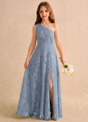 Azazie Pudles Girls Formal Dusty Blue A-Line One Shoulder Floral Burnout Dress