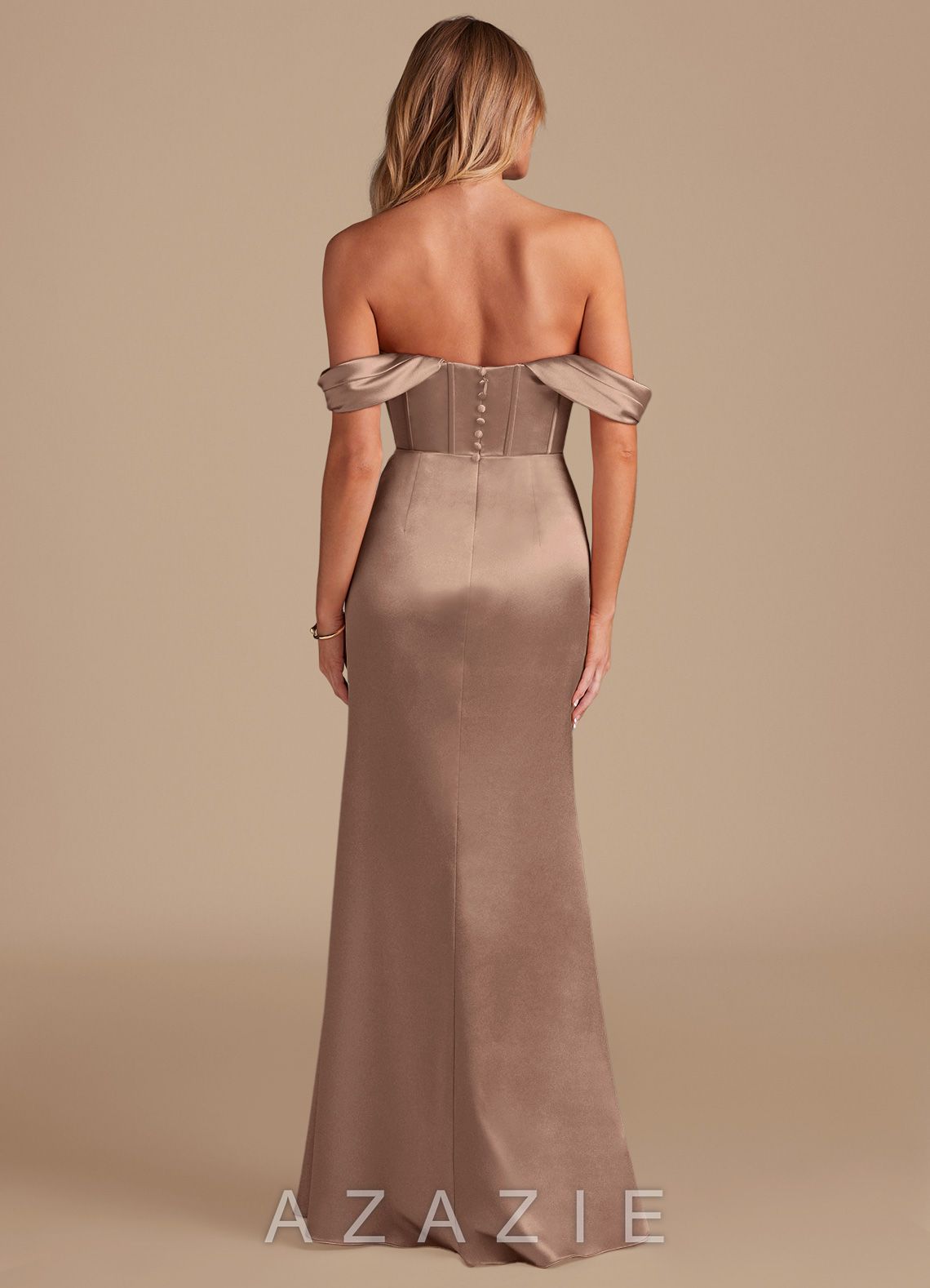 Azazie Asha Taupe Sheath Off the Shoulder Metallic Satin Dress taupe