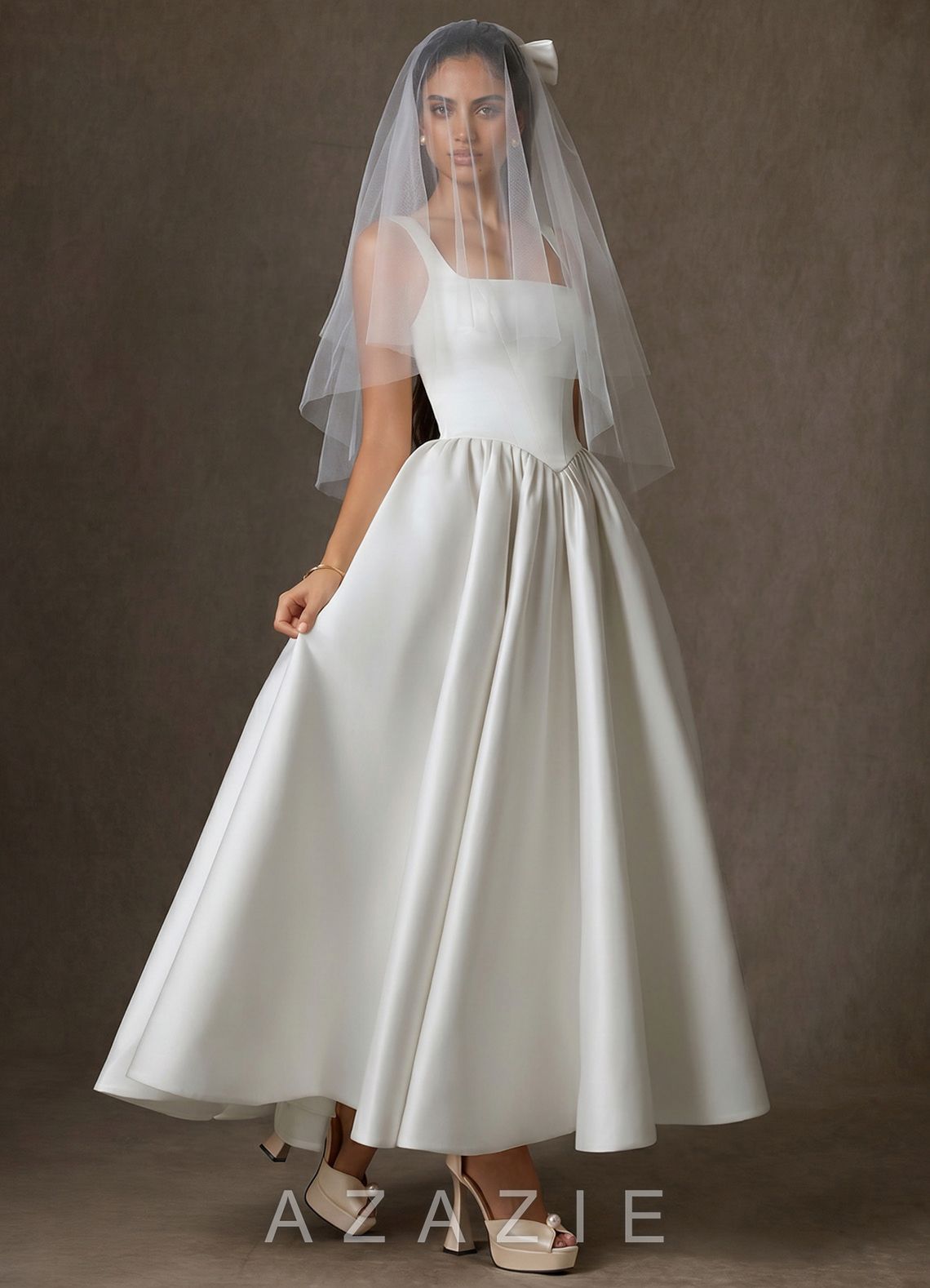 Satin Bow Hip Length Veil with Blusher  diamond_white