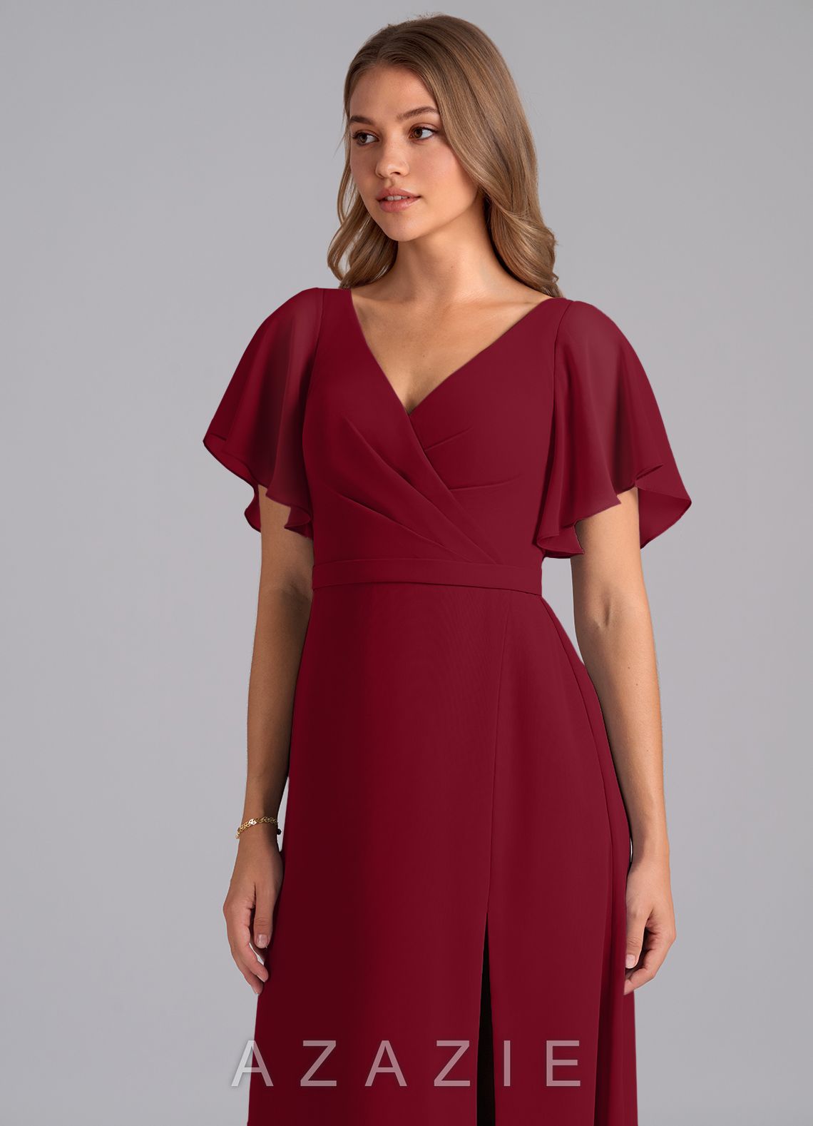 Azazie Ambrosia Burgundy A-Line Pleated Chiffon Dress burgundy
