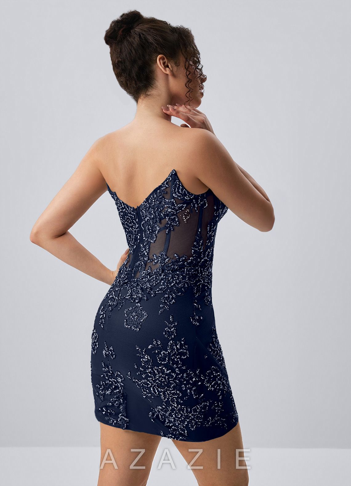 Yafrein Navy Rhinestone Sequins Tulle Placement Print Corset Mini Dress