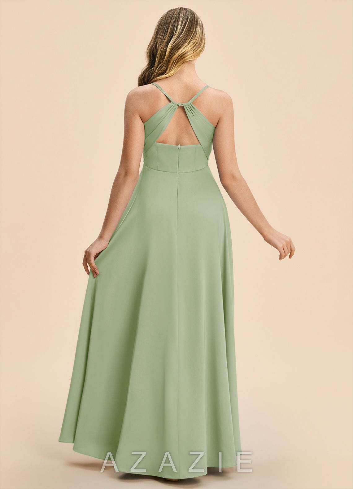 Azazie Gia Junior Dusty Sage A-Line Pleated Stretch Satin Dress dusty_sage