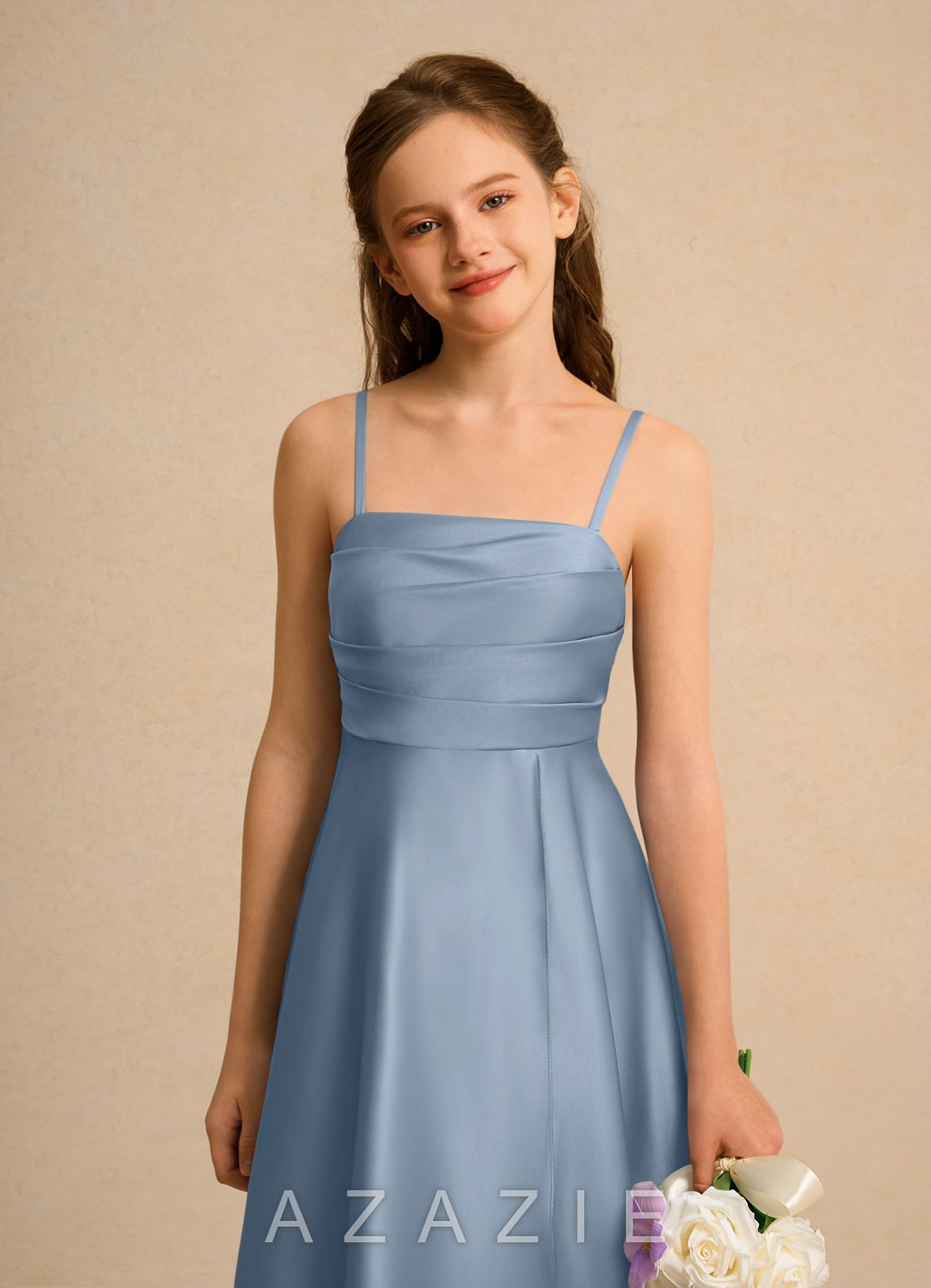 Azazie Pebbles Girls Formal Dusty Blue A-Line Pleated Matte Satin Dress dusty_blue