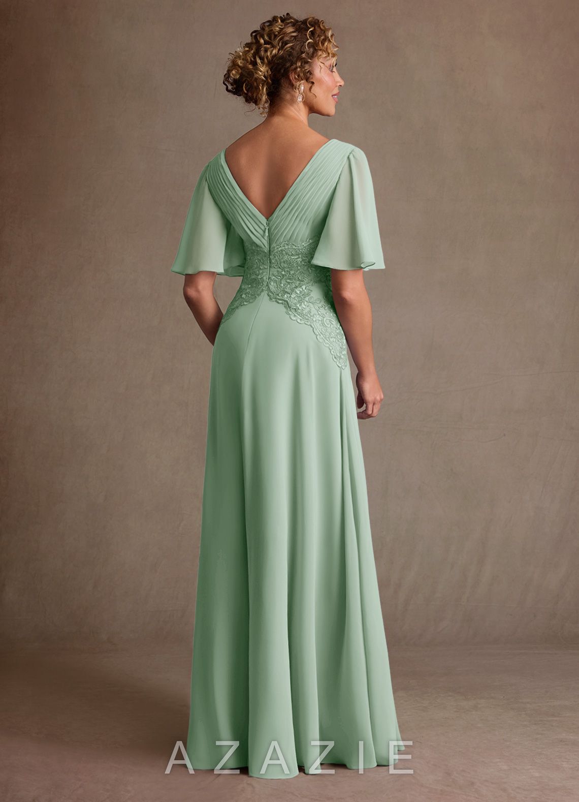 Azazie Milliat Agave A-Line Lace Chiffon Dress agave