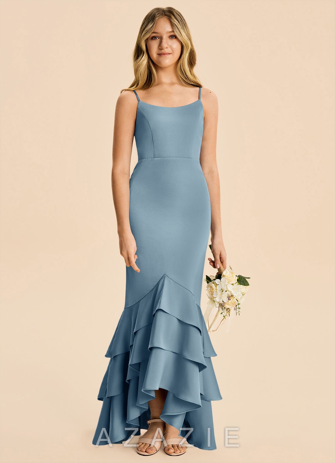 Azazie Fay Junior Dusty Blue Mermaid Ruched Stretch Satin Dress dusty_blue