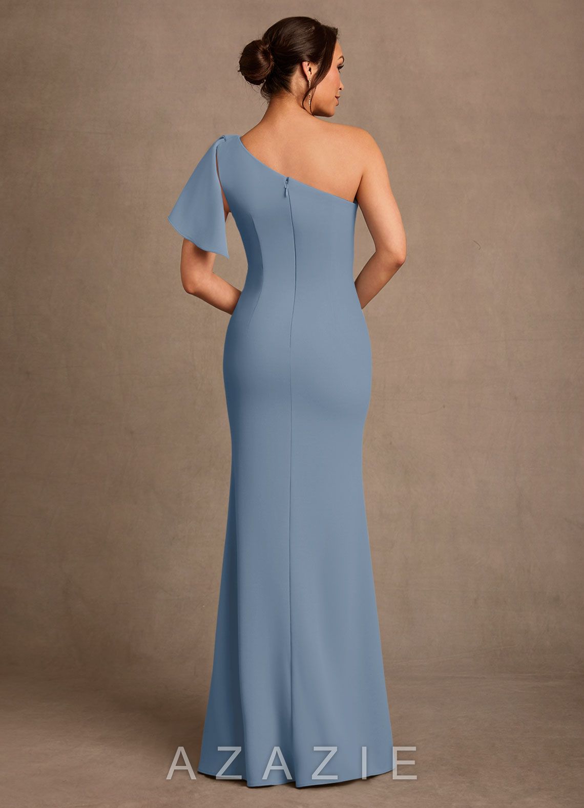 Azazie Haddie Dusty Blue Sheath One Shoulder Stretch Crepe Dress dusty_blue