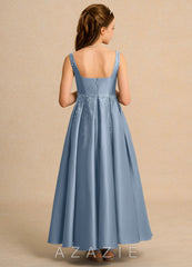 Azazie Mochi Girls Formal Dusty Blue Ball-Gown Pleated Matte Satin Dress dusty_blue