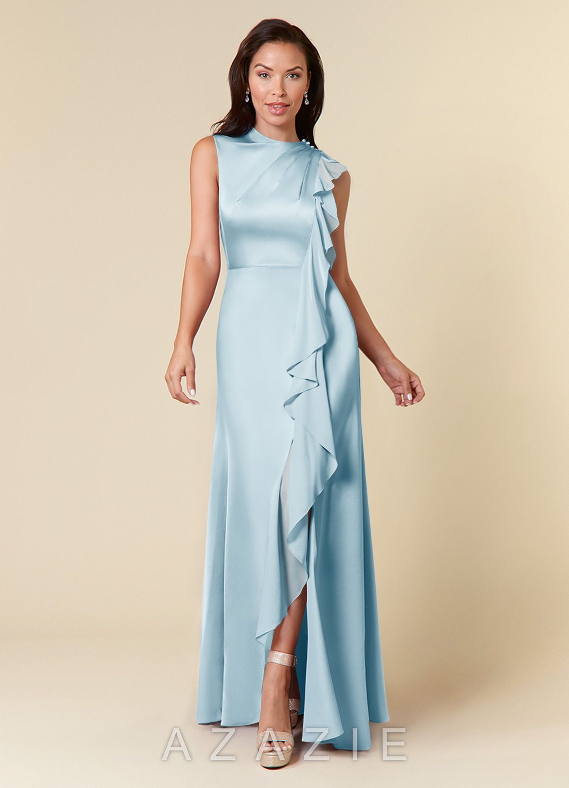 Azazie Narine Sky Blue A-Line High Neckline Pleated Stretch Satin Dress sky_blue