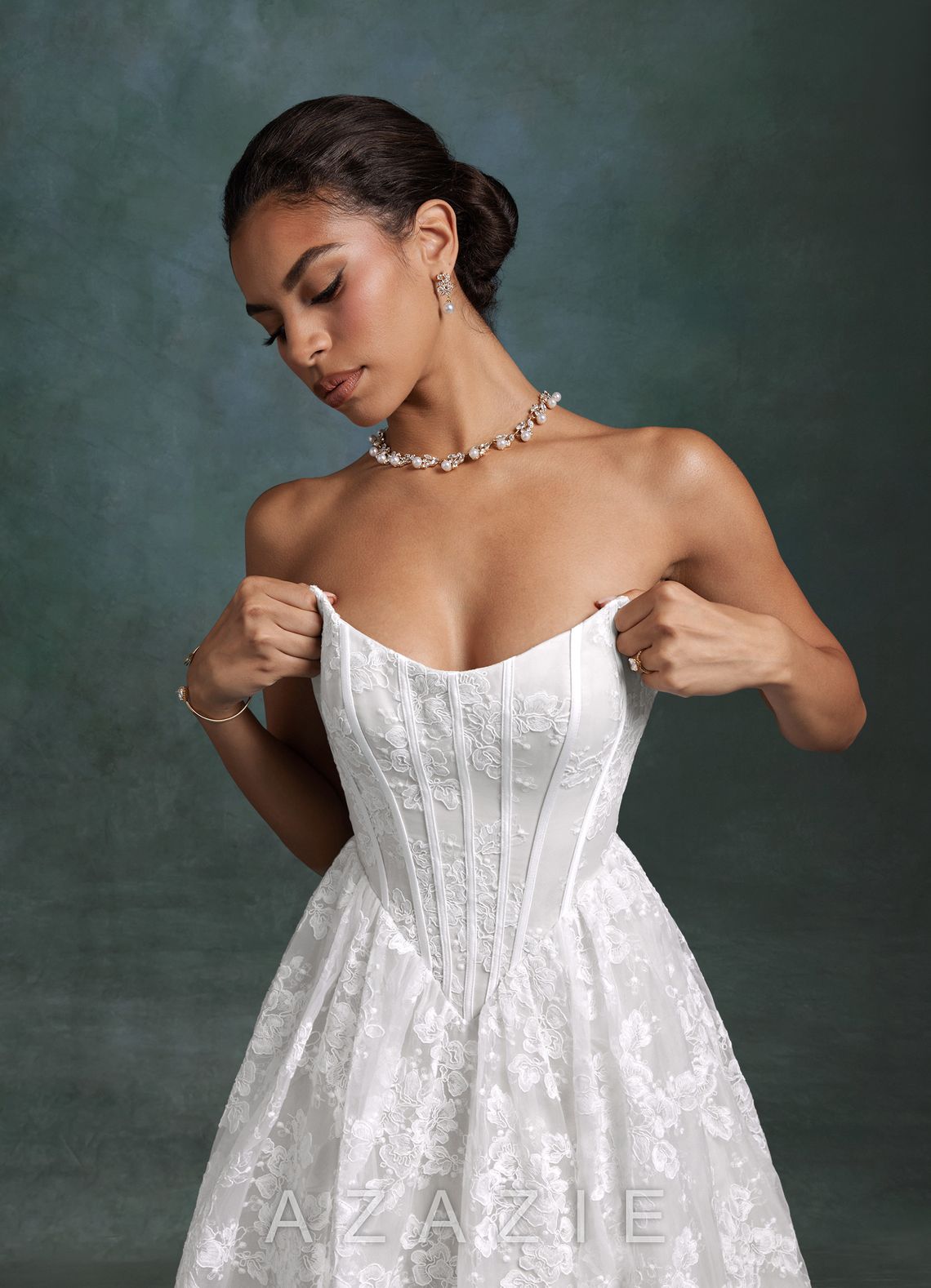 Azazie Brooklyn Diamond White Ball-Gown Strapless Lace Dress diamond_white