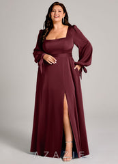 Azazie Leonia Cabernet A-Line Long Sleeve Stretch Satin Dress cabernet