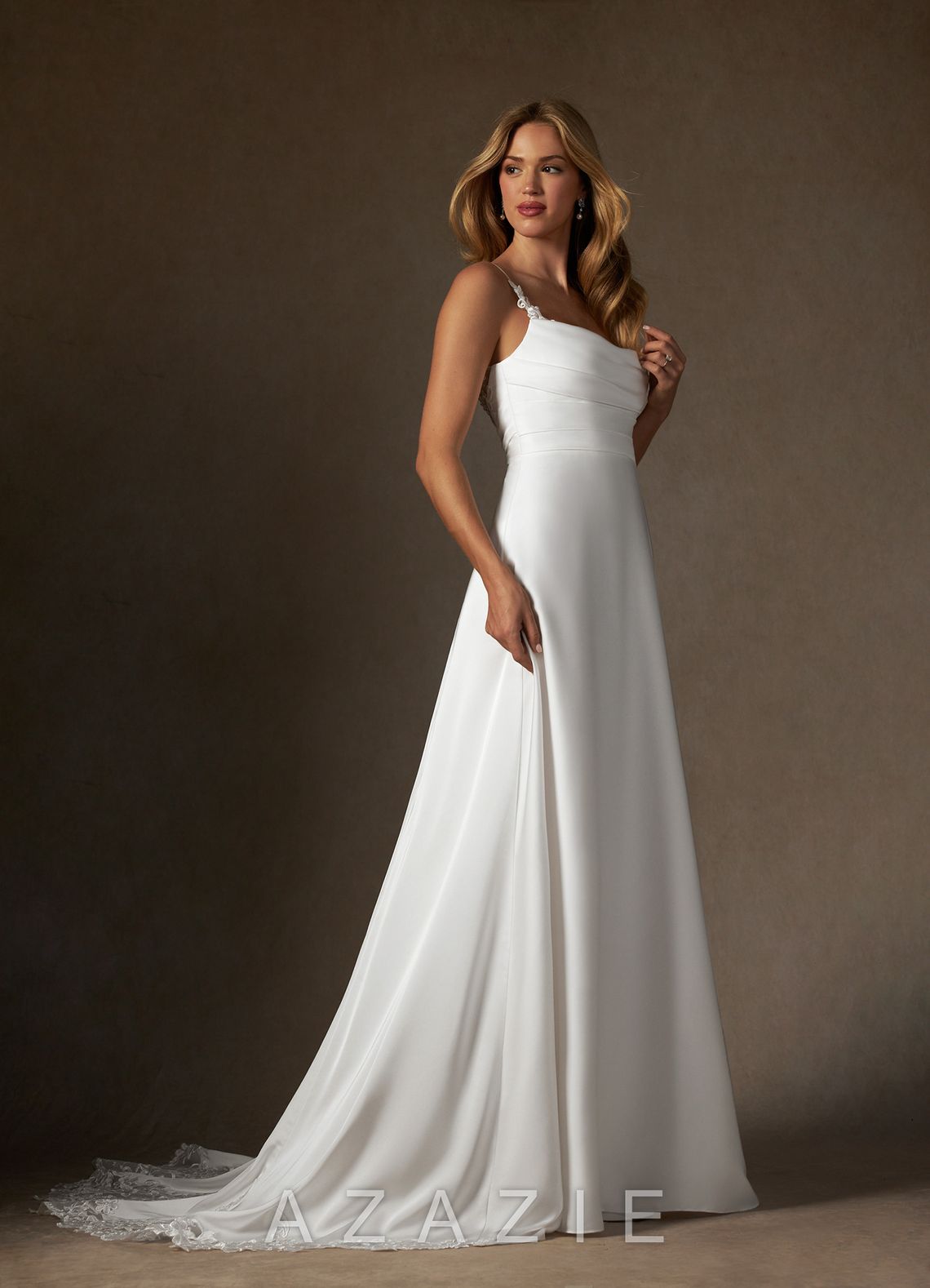 Azazie Sable Wedding Dress Diamond White A-Line Lace Stretch Satin Dress diamond_white