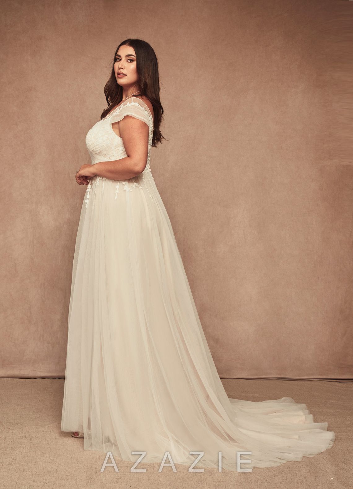 Azazie Bellisima Wedding Dress Diamond White Champagne A-Line V-Neck Tulle Dress diamond_white/champagne