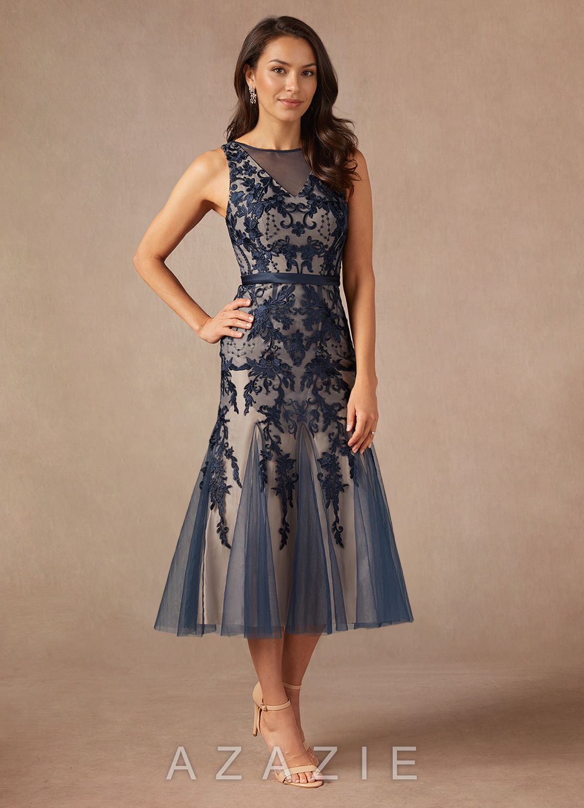 Azazie Herrin Dark Navy Champagne Mermaid Lace Dress