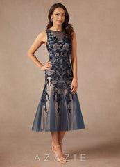 Azazie Herrin Dark Navy Champagne Mermaid Lace Dress