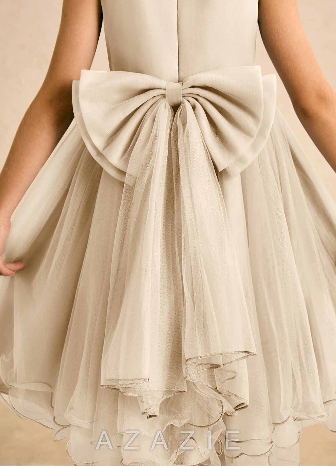 Azazie Lass Champagne A-Line Bow Tulle Dress champagne