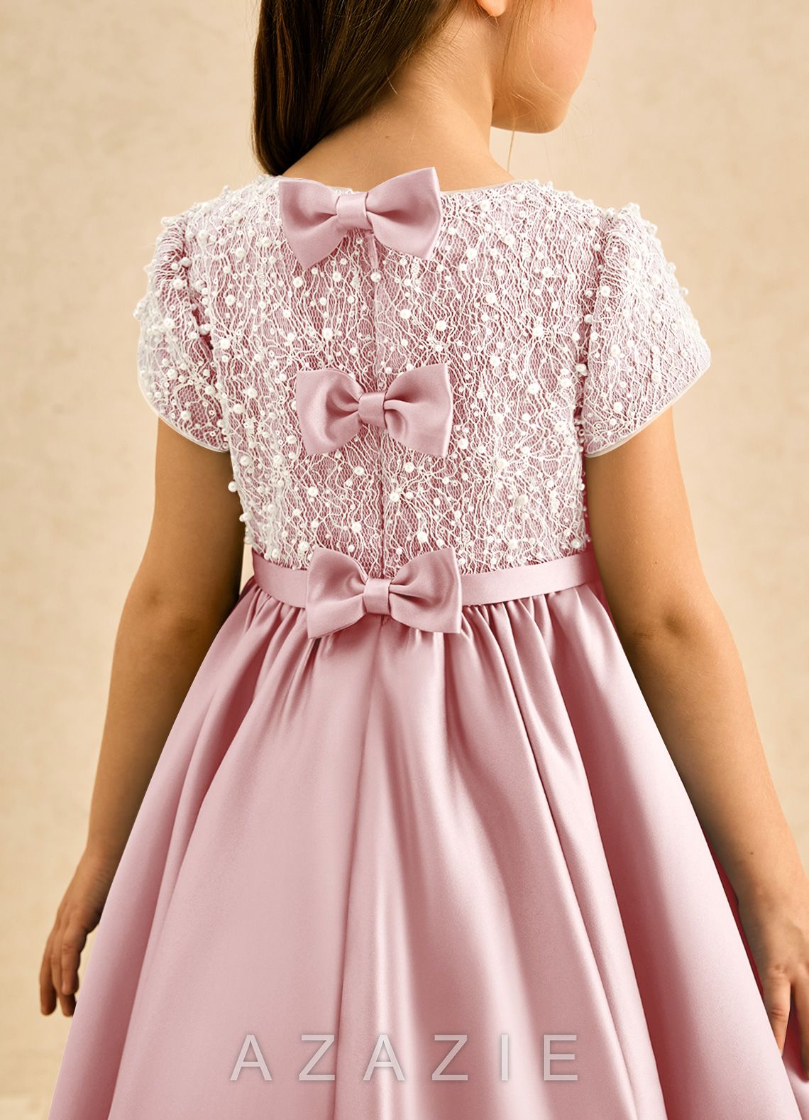 Azazie Cashew Powder Pink Ball-Gown with Sleeves Matte Satin Dress powder_pink