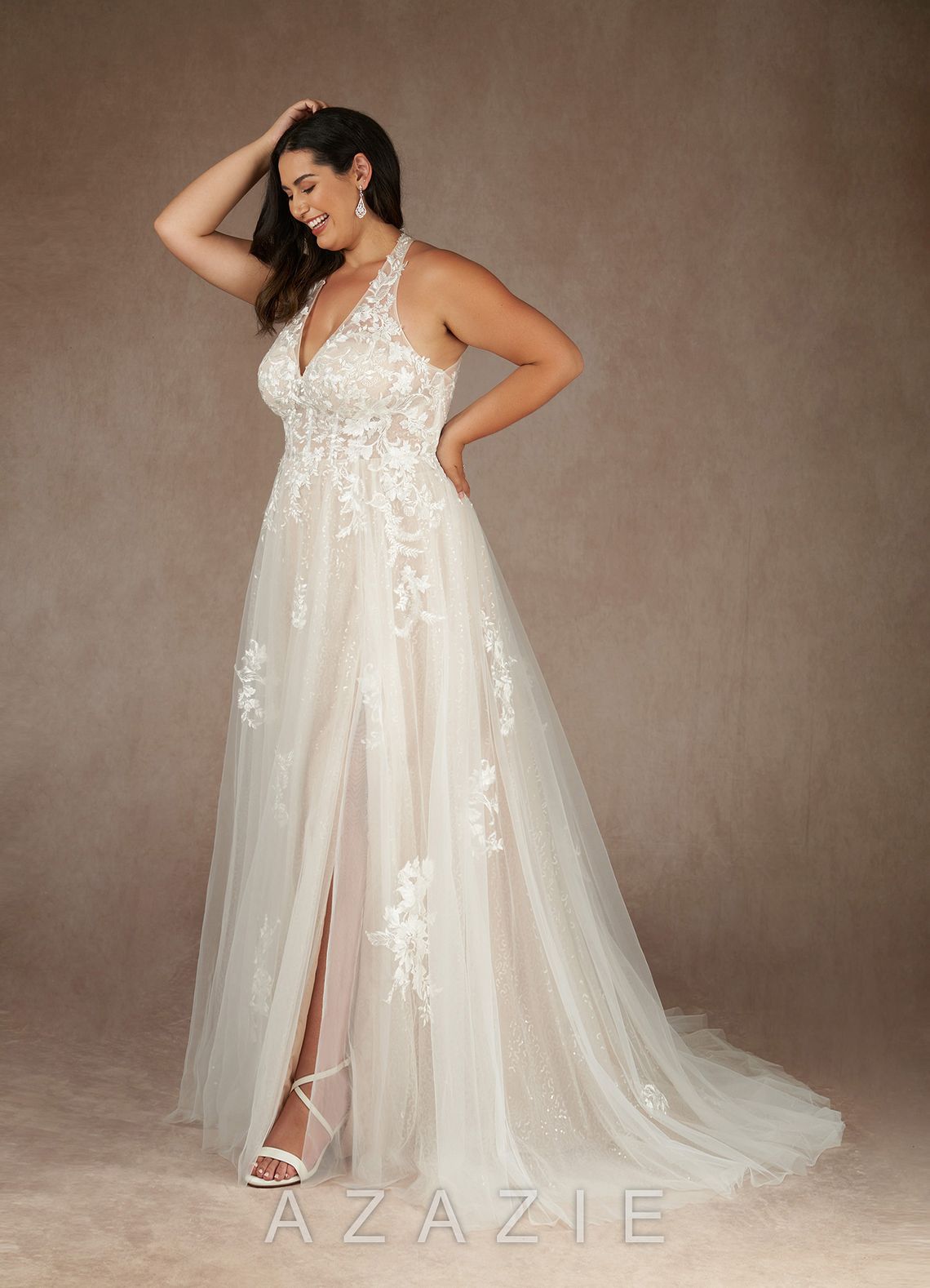 Azazie Dysis Wedding Dress Diamond White Champagne A-Line Halter Sequins Tulle Dress diamond_white/champagne