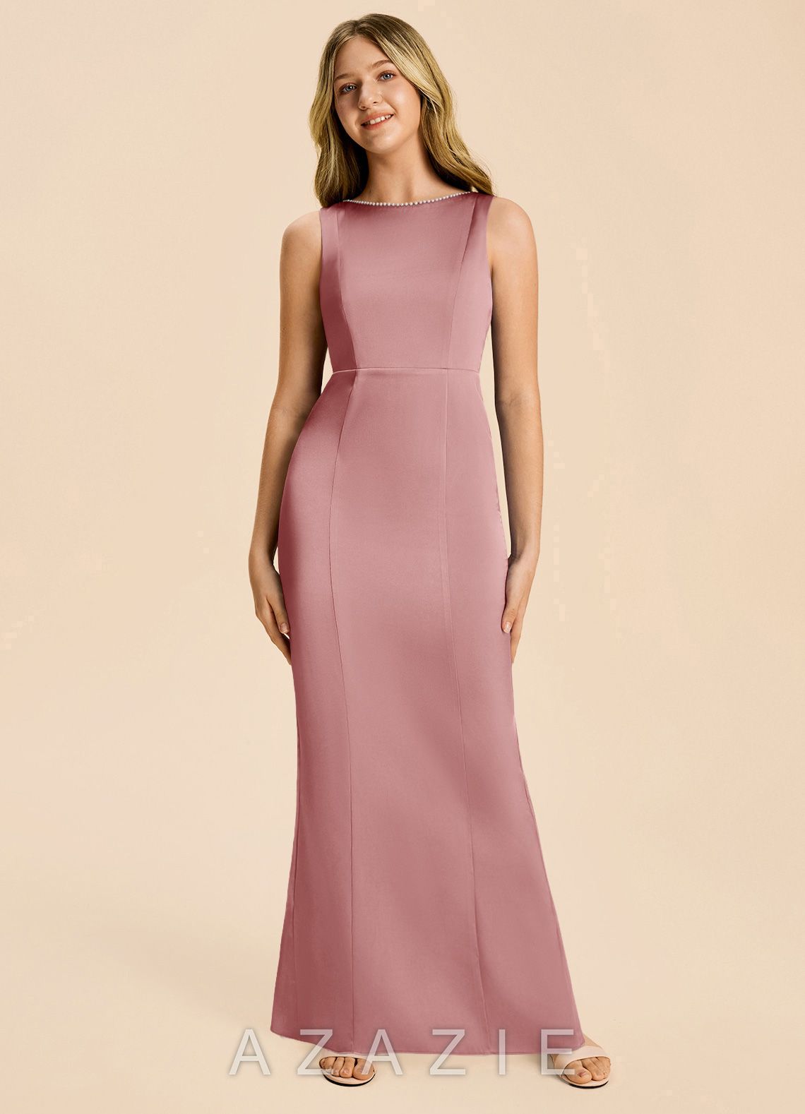 Azazie Emi Junior Dusty Rose Sheath Bow Stretch Satin Dress dusty_rose