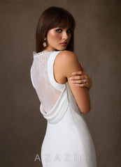 Azazie Minna Diamond White A-Line Boatneck Crepe Back Satin Dress diamond_white