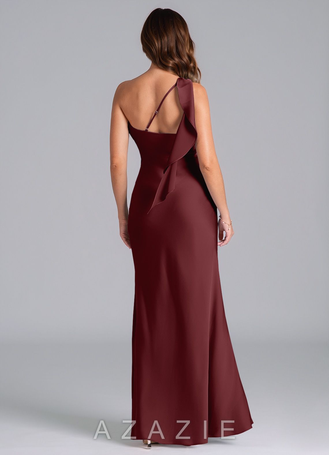 Azazie Driea Cabernet Mermaid One Shoulder Stretch Satin Dress cabernet