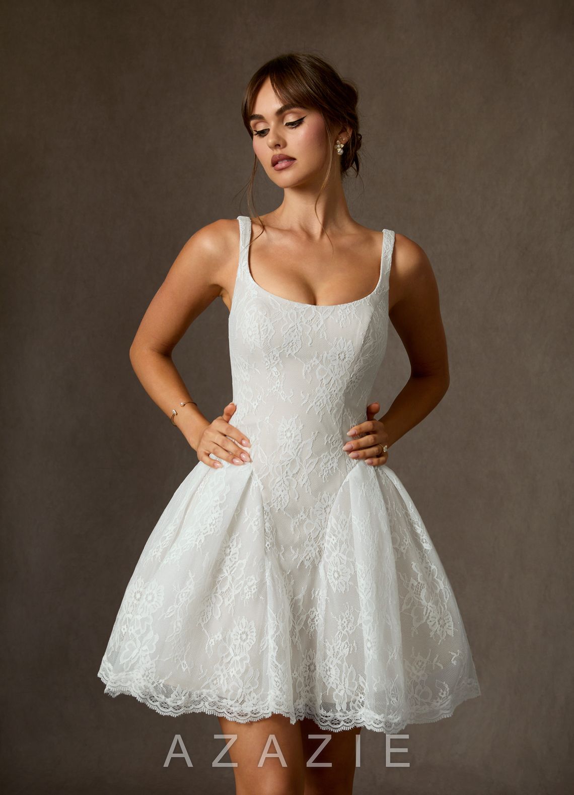 Azazie Dawn Diamond White A-Line Lace Dress