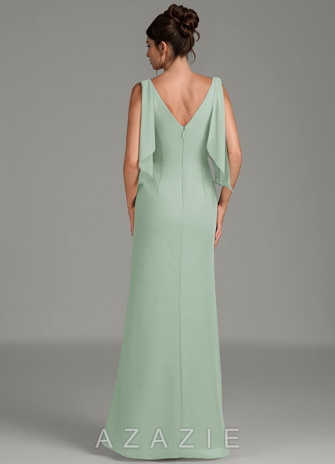Azazie Kristen Agave Sheath Pleated Chiffon Dress agave