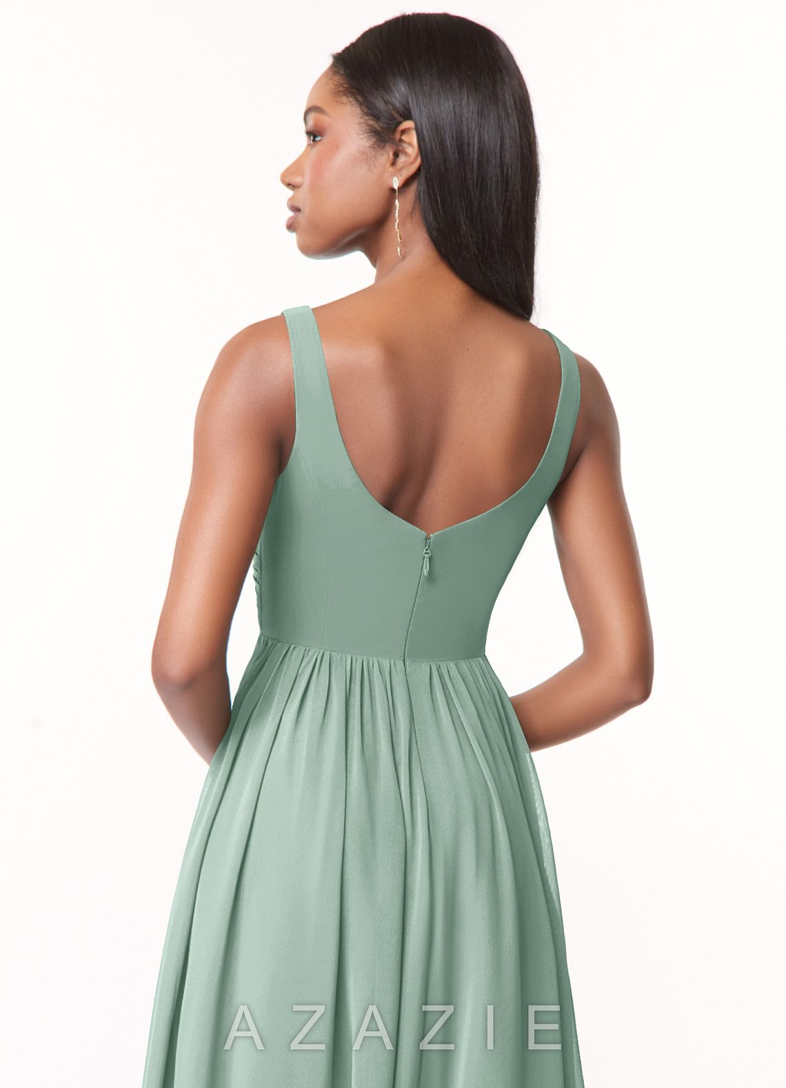 Azazie Keyla Agave A-Line V-Neck Pleated Chiffon Dress agave