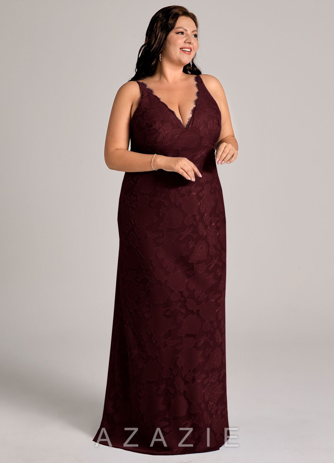 Azazie Tianna Cabernet Sheath Lace Floral Burnout Dress cabernet
