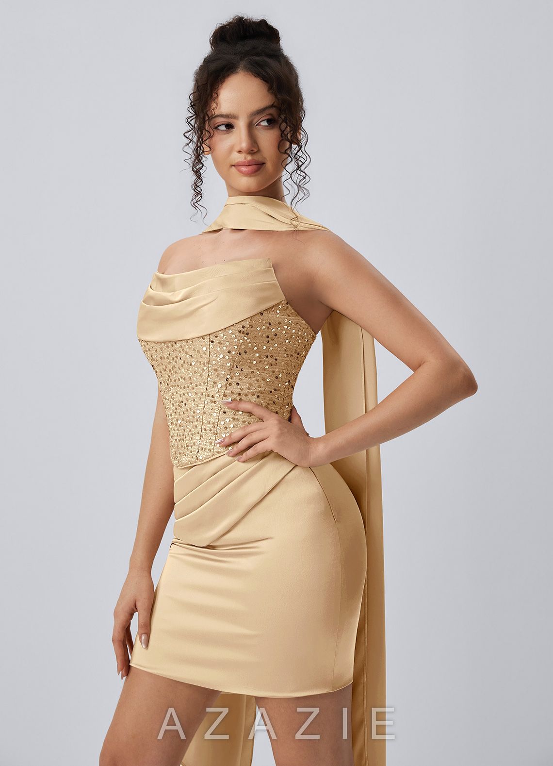 Irene Champagne Satin Sequin Lace-Up Mini Dress