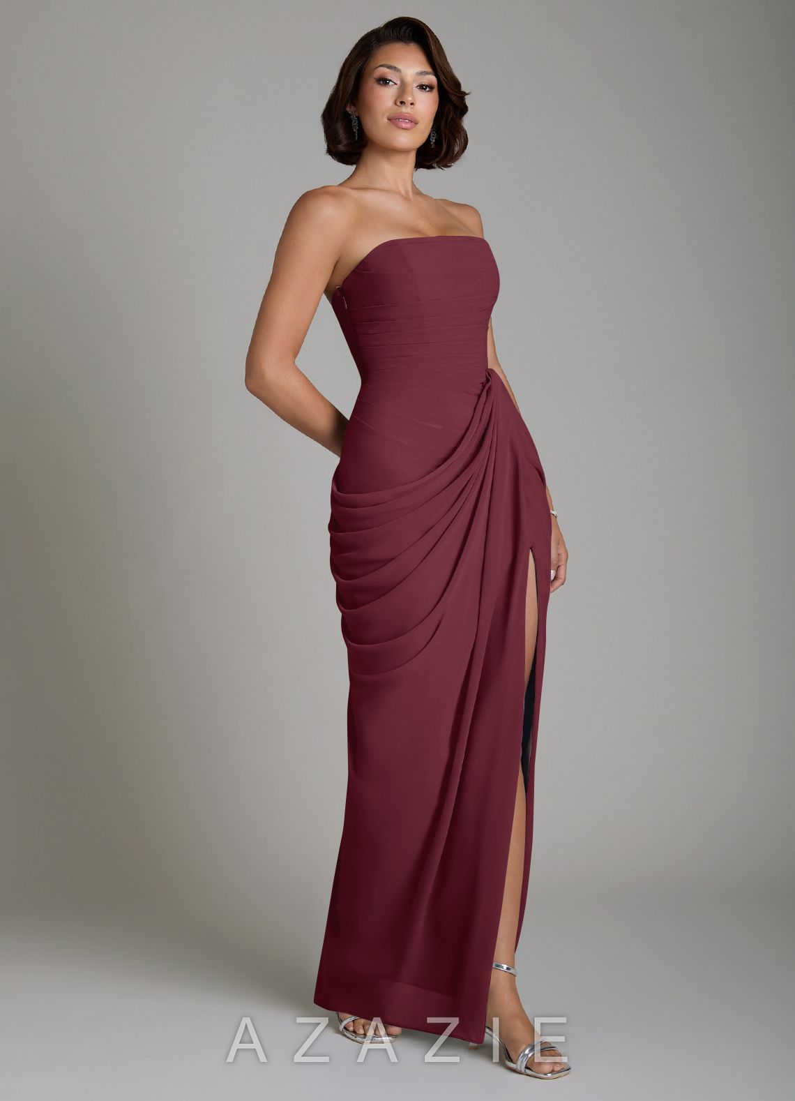 Azazie Nyra Cabernet Sheath Corset Chiffon Dress cabernet