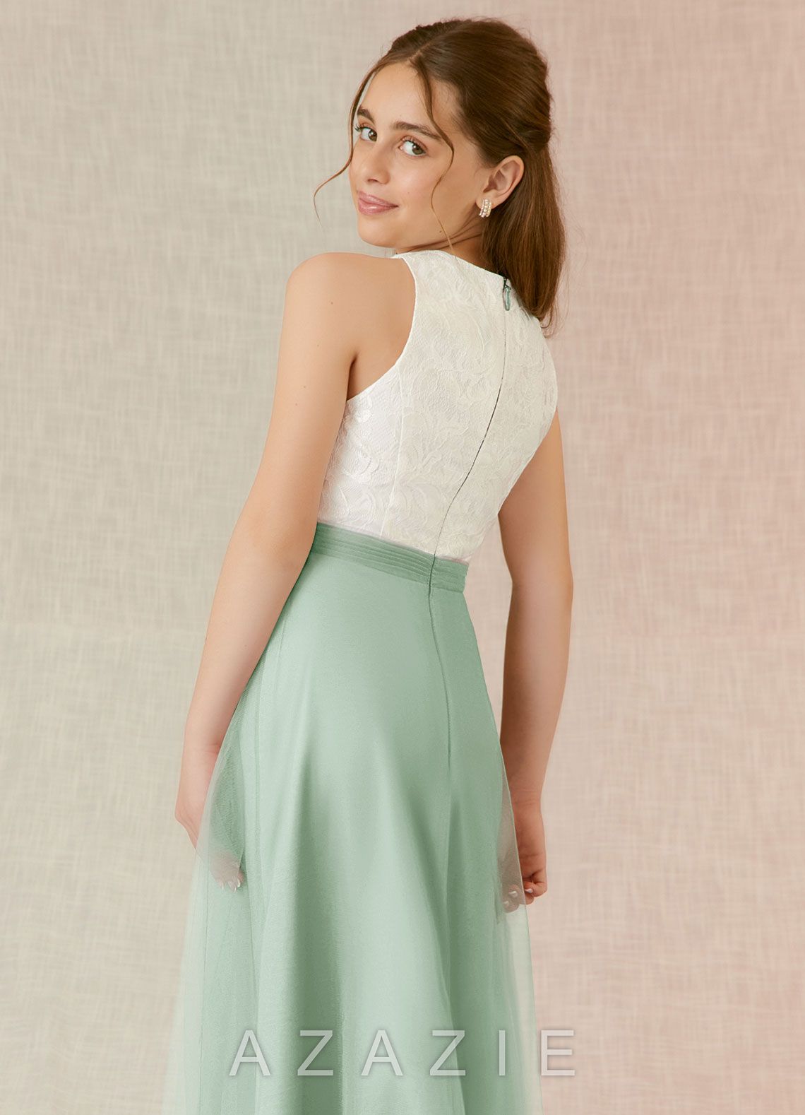 Azazie Albertine Junior Agave A-Line Lace Chiffon Dress agave