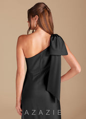 Azazie Capri Black Sheath One Shoulder Metallic Satin Dress black