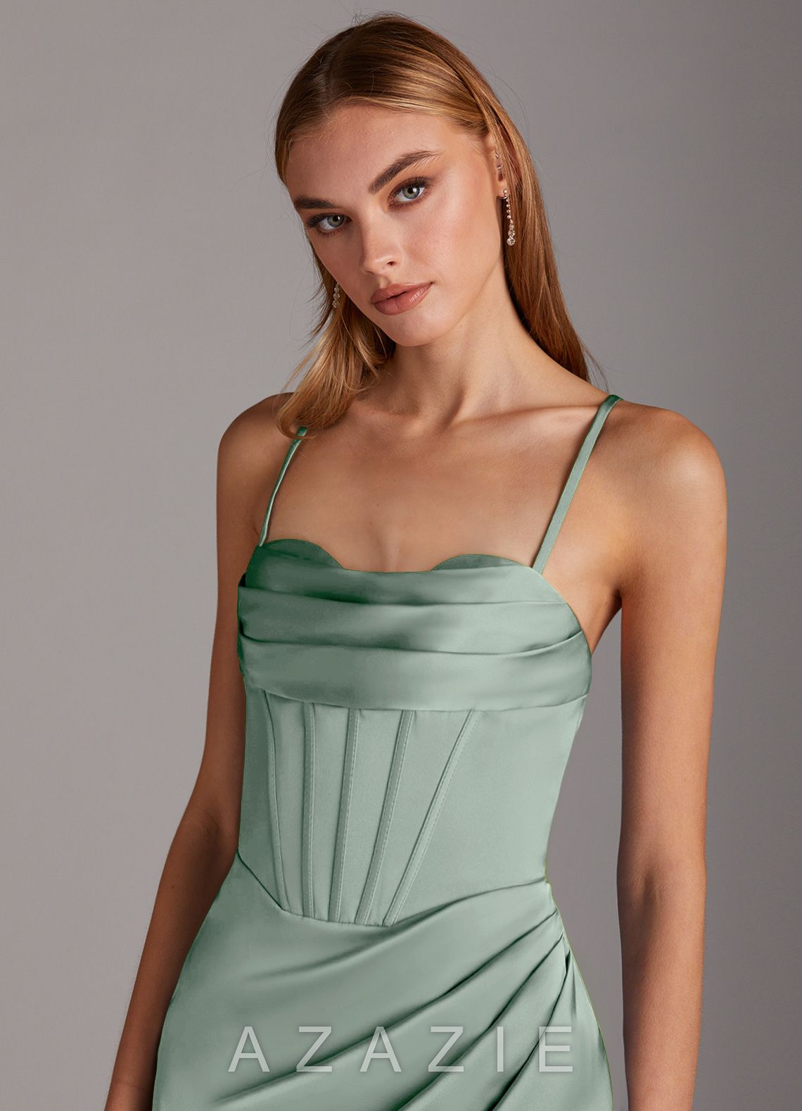 Azazie Brookelle Agave Sheath Sweetheart Corset Stretch Satin Dress agave