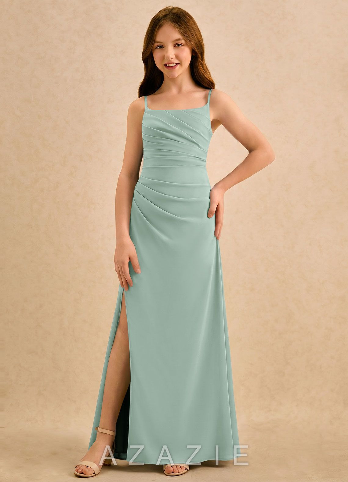 Azazie Cannoli Girls Formal Agave A-Line Pleated Chiffon Dress agave