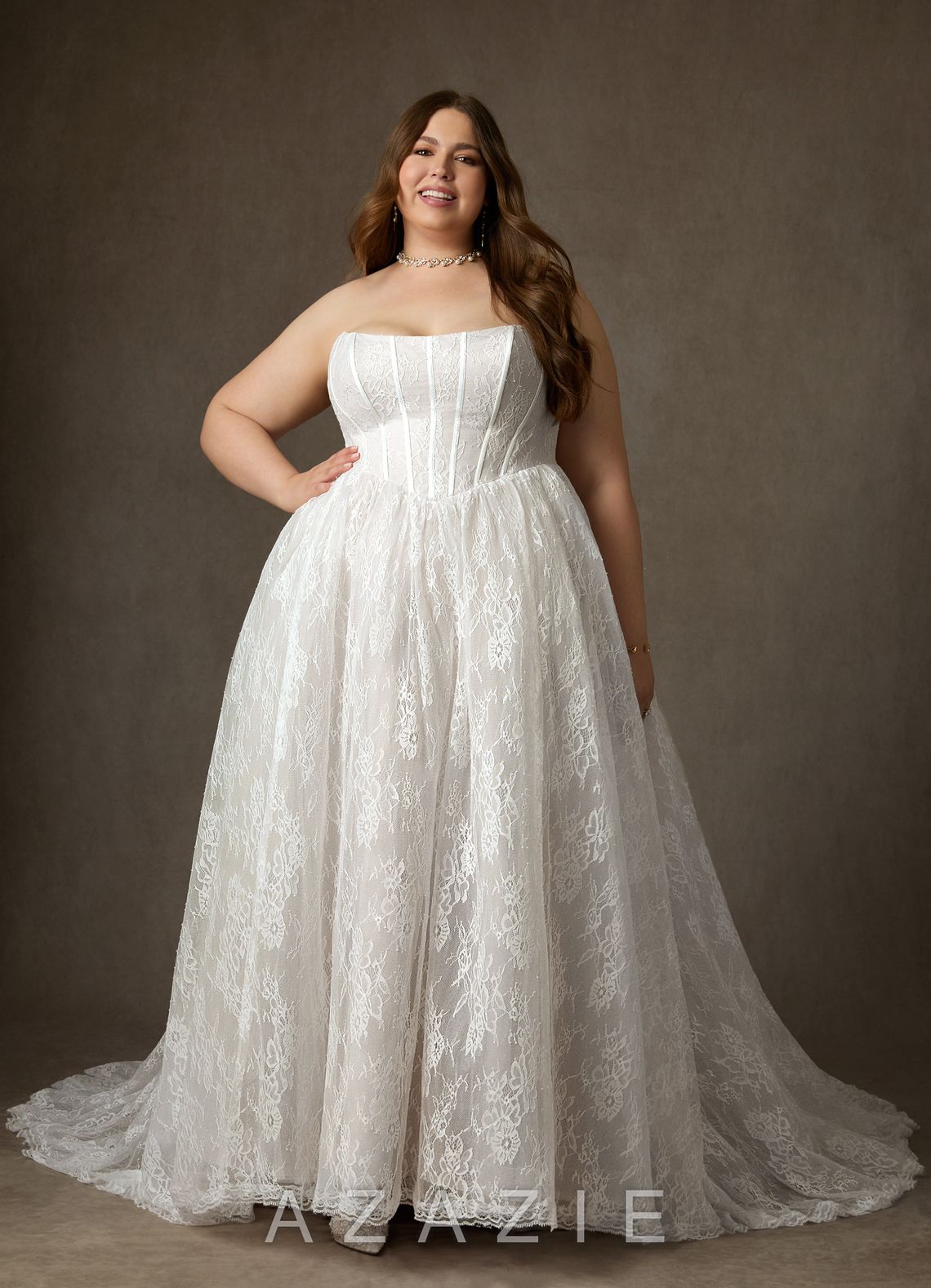 Azazie Demetria Diamond White Ball-Gown Strapless Lace Dress