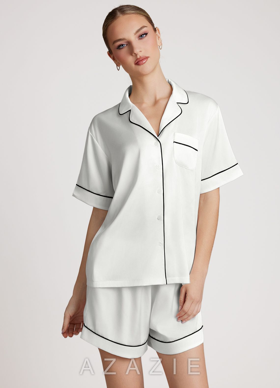 Satin Contrast Piping Pajama Set