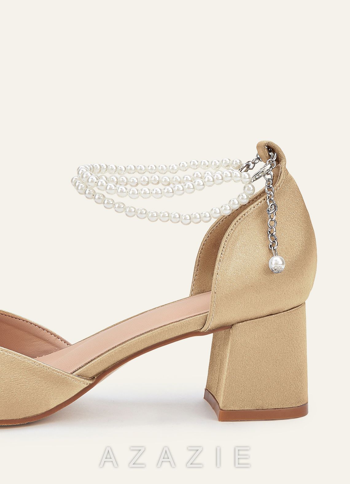 Matching Color Metallic Satin Pearl Strap Pointed Toe Block Heels & Shell-Shape Pleated Clutch Bag  champagne