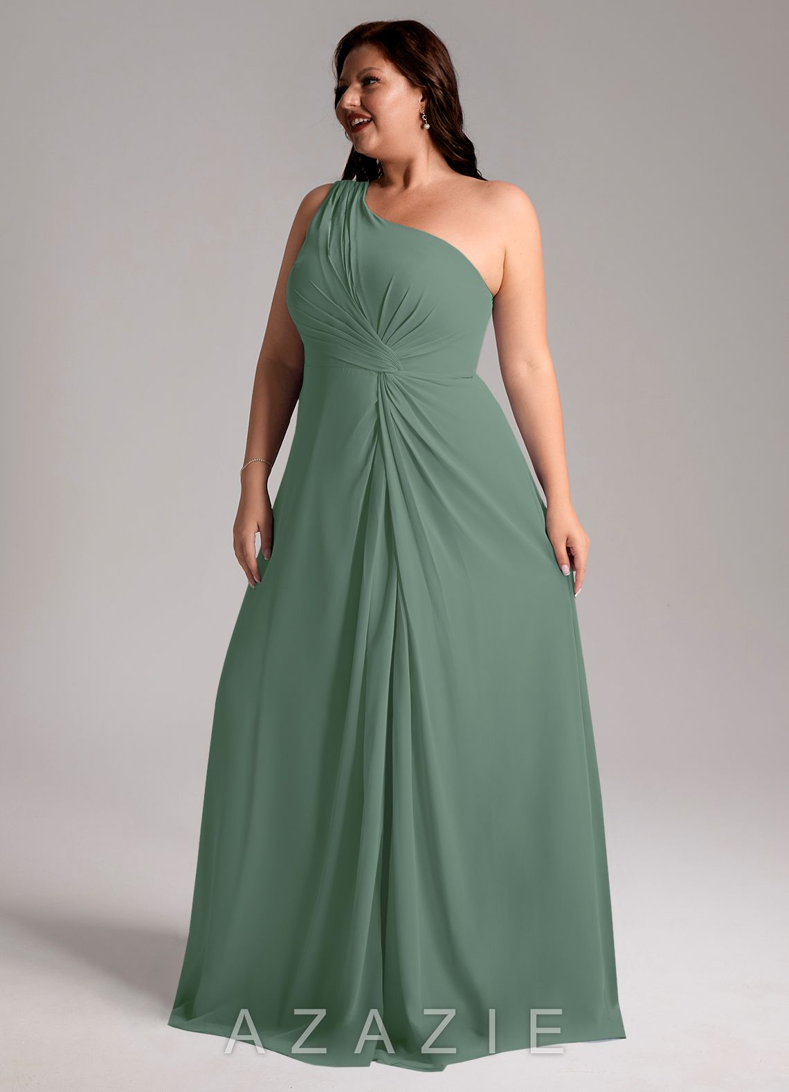 Azazie Brooke Eucalyptus A-Line One Shoulder Chiffon Dress eucalyptus