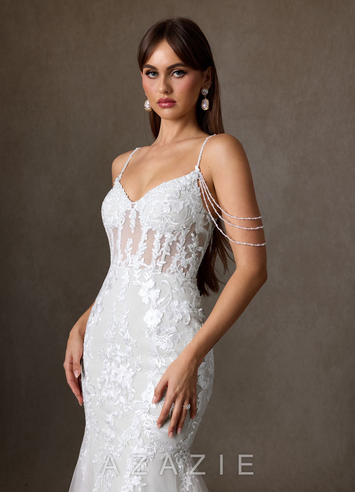 Azazie Denise Wedding Dress Diamond White Mermaid Sequins Tulle Dress diamond_white