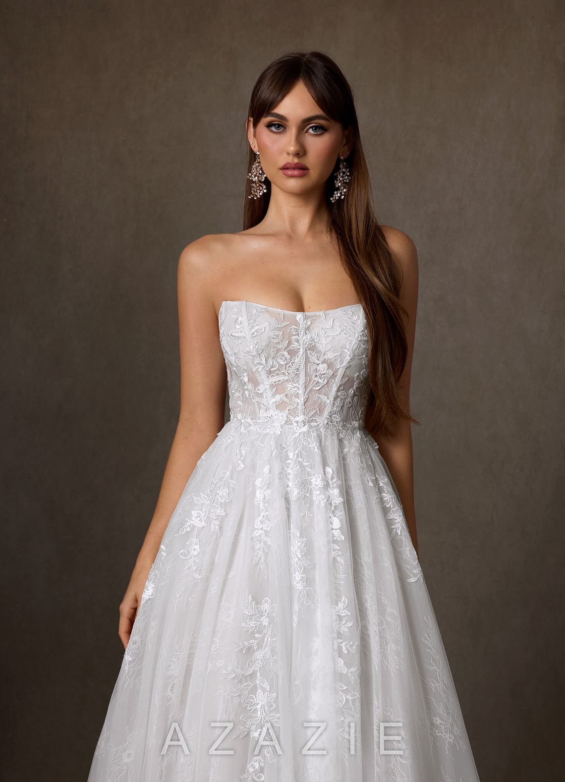 Azazie Elowyn Diamond White Ball-Gown Strapless Lace Dress diamond_white