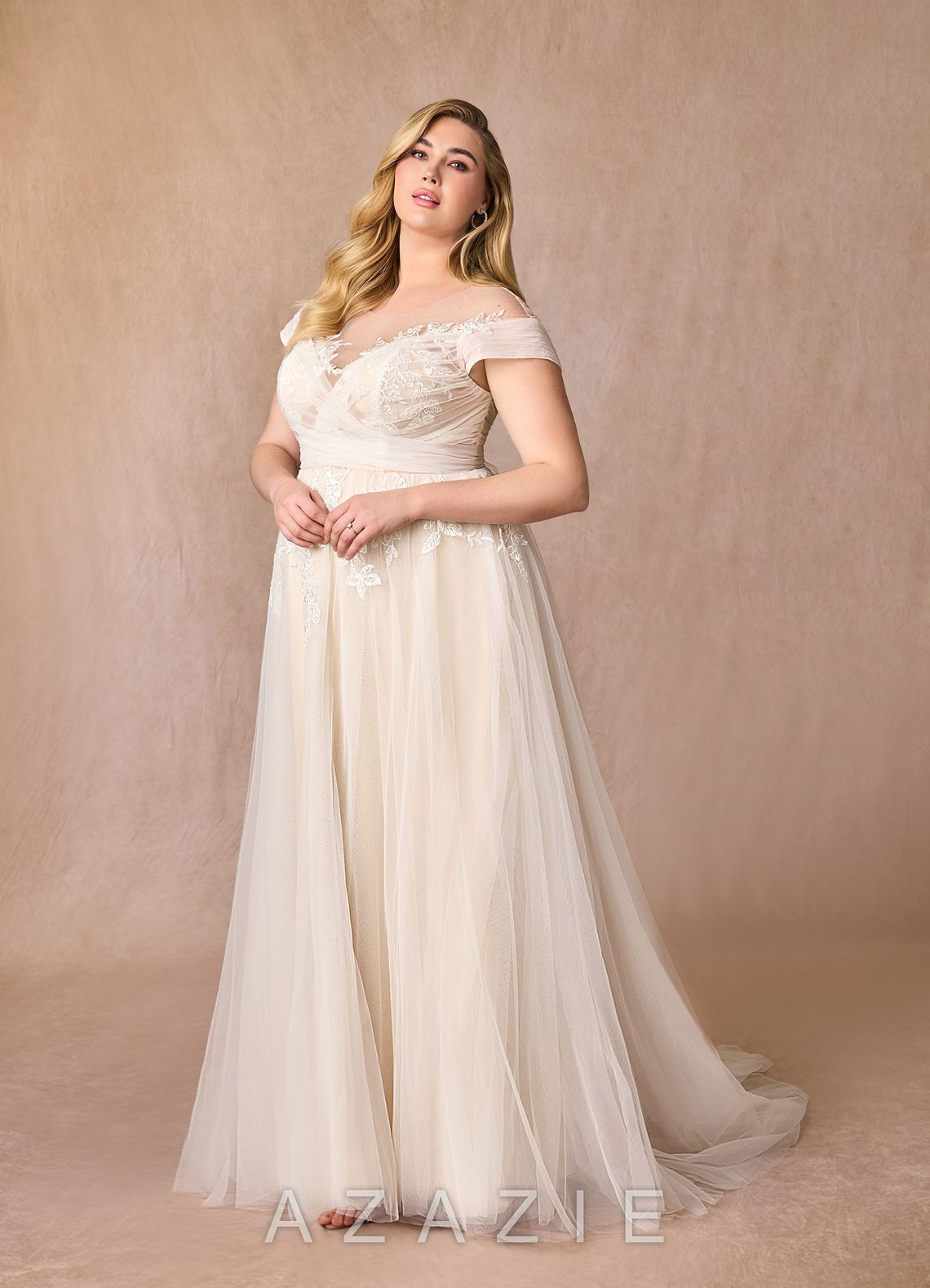 Azazie Cindy Wedding Dress Diamond White Champagne A-Line Illusion Off-The-Shouler Lace Tulle Dress diamond_white/champagne