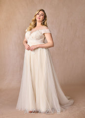 Azazie Cindy Wedding Dress Diamond White Champagne A-Line Illusion Off-The-Shouler Lace Tulle Dress diamond_white/champagne